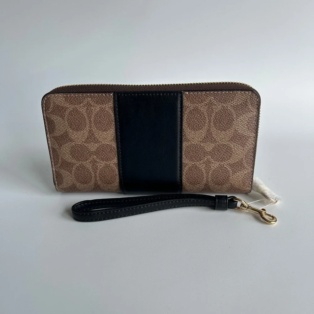 Coach Long Zip Around Tan Black Signature Canvas Leather Wallet CW947